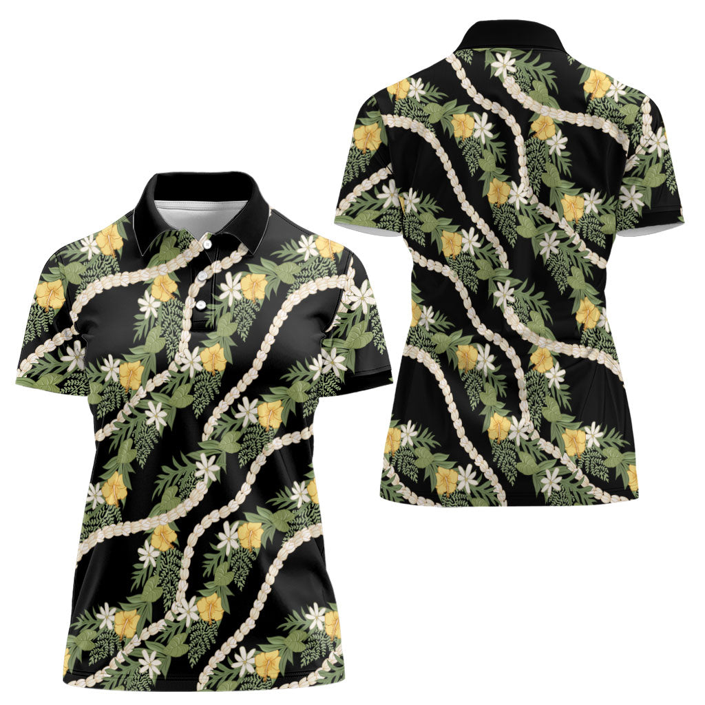 Hawaiian Pikake Maile Lei Women Polo Shirt Tiare Hibiscus Kalo Palapalai Leaf Black