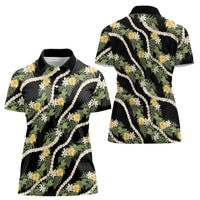 Hawaiian Pikake Maile Lei Women Polo Shirt Tiare Hibiscus Kalo Palapalai Leaf Black