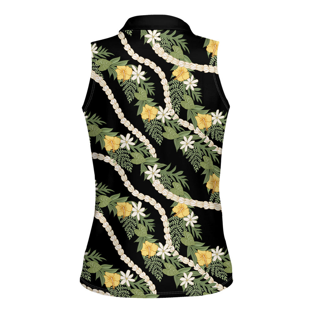 Hawaiian Pikake Maile Lei Women Sleeveless Polo Shirt Tiare Hibiscus Kalo Palapalai Leaf Black