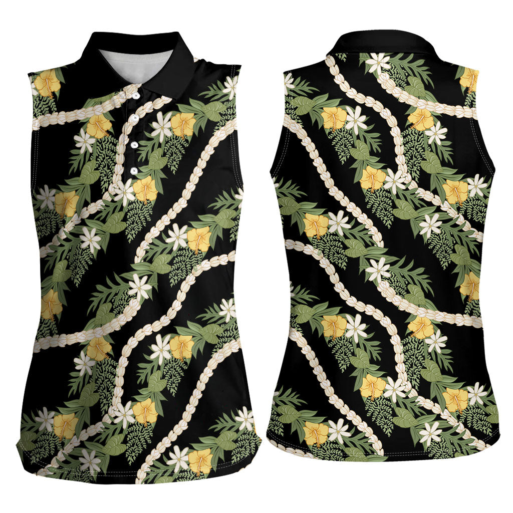 Hawaiian Pikake Maile Lei Women Sleeveless Polo Shirt Tiare Hibiscus Kalo Palapalai Leaf Black