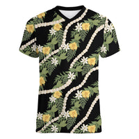 Hawaiian Pikake Maile Lei Women V-Neck T-Shirt Tiare Hibiscus Kalo Palapalai Leaf Black