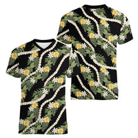 Hawaiian Pikake Maile Lei Women V-Neck T-Shirt Tiare Hibiscus Kalo Palapalai Leaf Black