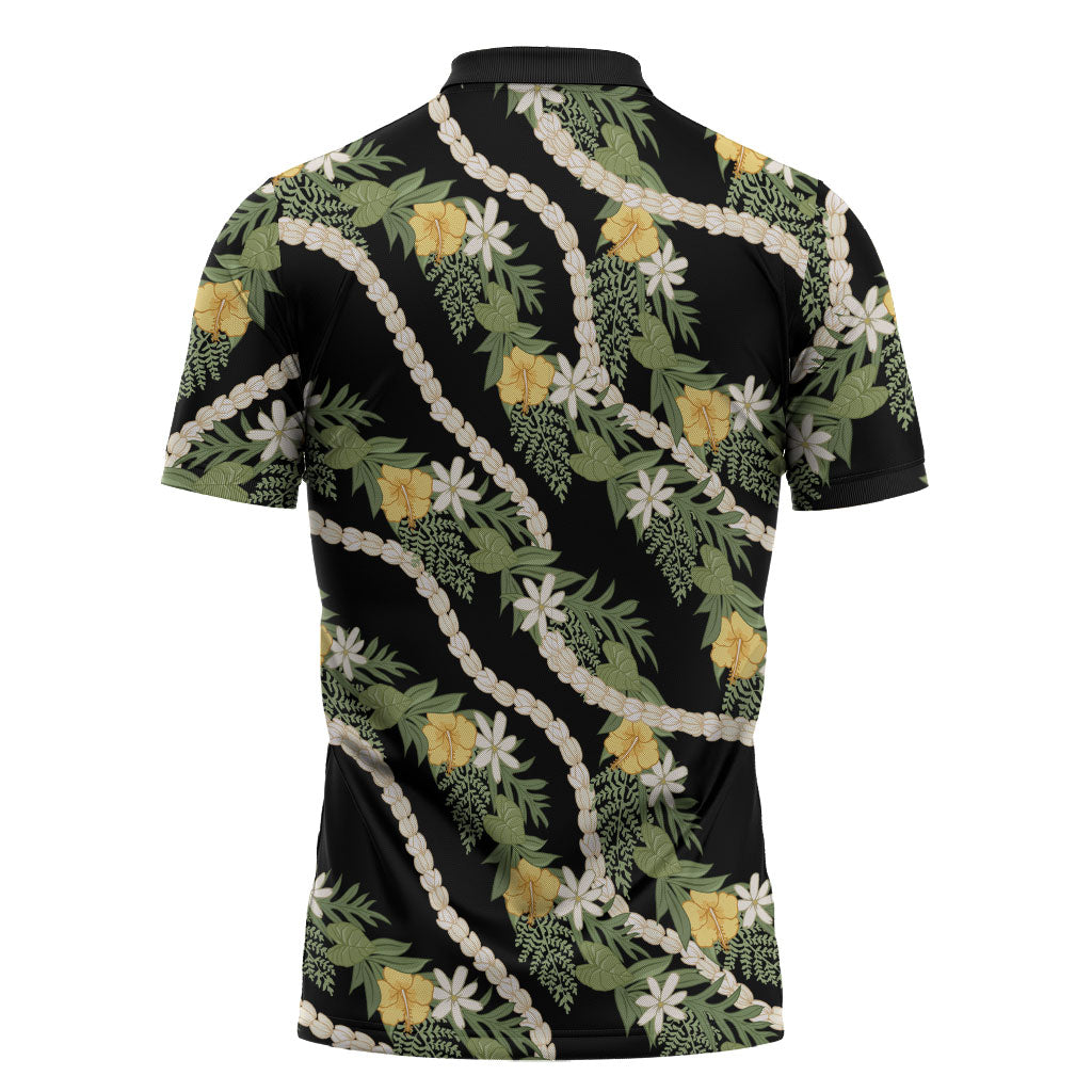 Hawaiian Pikake Maile Lei Zipper Polo Shirt Tiare Hibiscus Kalo Palapalai Leaf Black