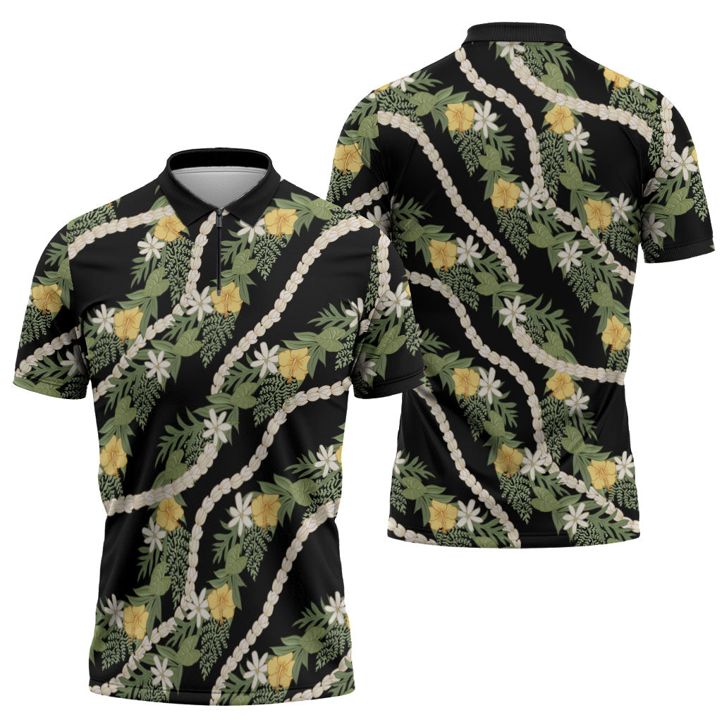 Hawaiian Pikake Maile Lei Zipper Polo Shirt Tiare Hibiscus Kalo Palapalai Leaf Black