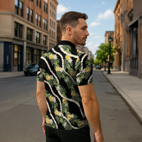 Hawaiian Pikake Maile Lei Zipper Polo Shirt Tiare Hibiscus Kalo Palapalai Leaf Black
