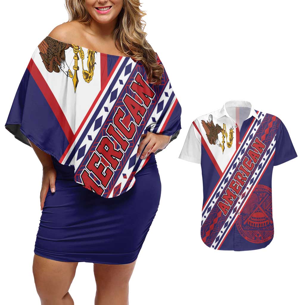 American Samoa Flag Day Couples Matching Off Shoulder Short Dress and Hawaiian Shirt Polynesian Tribal Tattoo Eagle Art