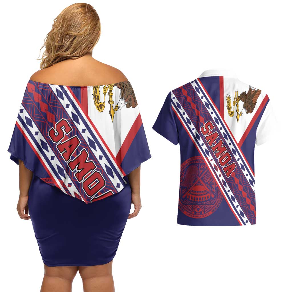 American Samoa Flag Day Couples Matching Off Shoulder Short Dress and Hawaiian Shirt Polynesian Tribal Tattoo Eagle Art