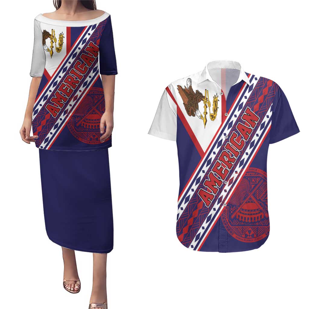 American Samoa Flag Day Couples Matching Puletasi and Hawaiian Shirt Polynesian Tribal Tattoo Eagle Art