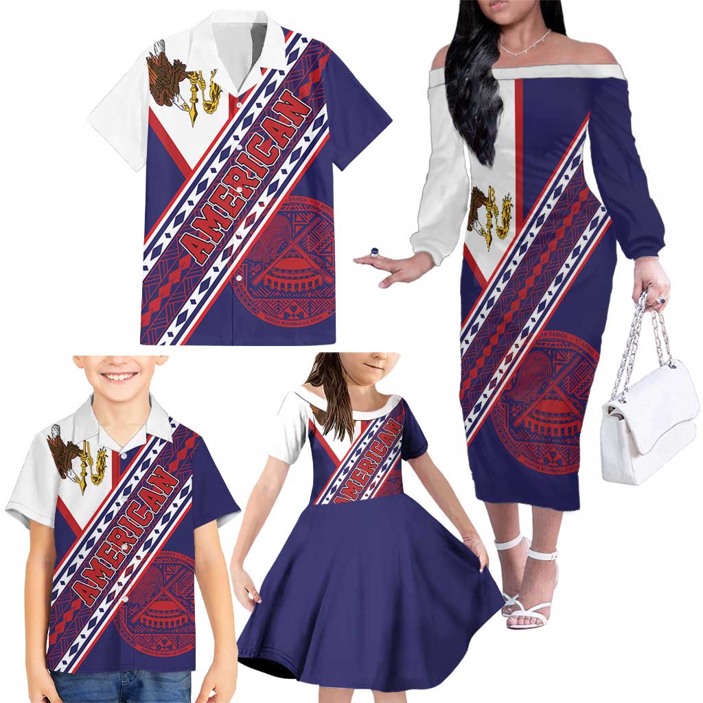 American Samoa Flag Day Family Matching Off The Shoulder Long Sleeve Dress and Hawaiian Shirt Polynesian Tribal Tattoo Eagle Art