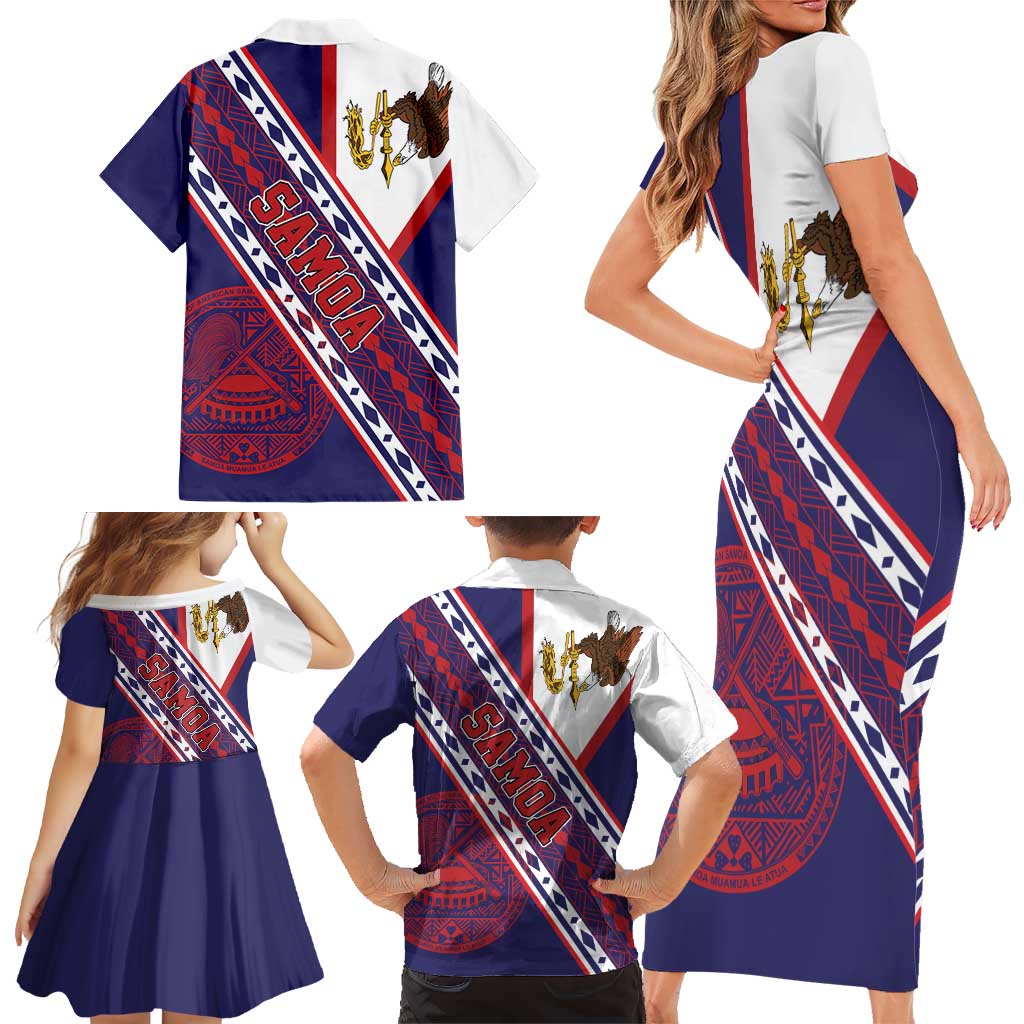 American Samoa Flag Day Family Matching Short Sleeve Bodycon Dress and Hawaiian Shirt Polynesian Tribal Tattoo Eagle Art