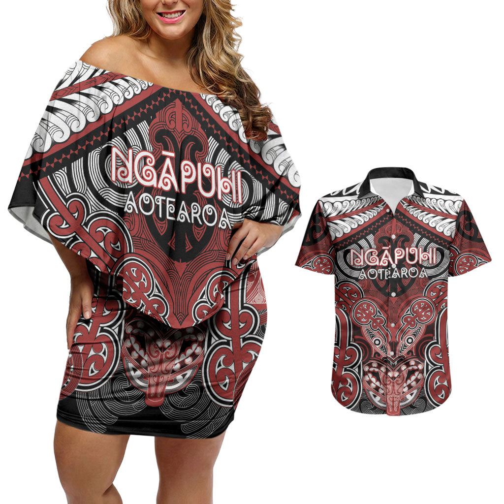 Aotearoa Iwi Ngapuhi Personalised Couples Matching Off Shoulder Short Dress and Hawaiian Shirt Maori Kowhaiwhai Pattern