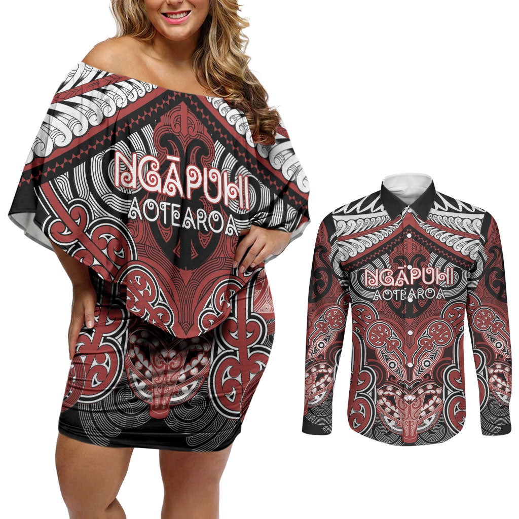 Aotearoa Iwi Ngapuhi Personalised Couples Matching Off Shoulder Short Dress and Long Sleeve Button Shirt Maori Kowhaiwhai Pattern