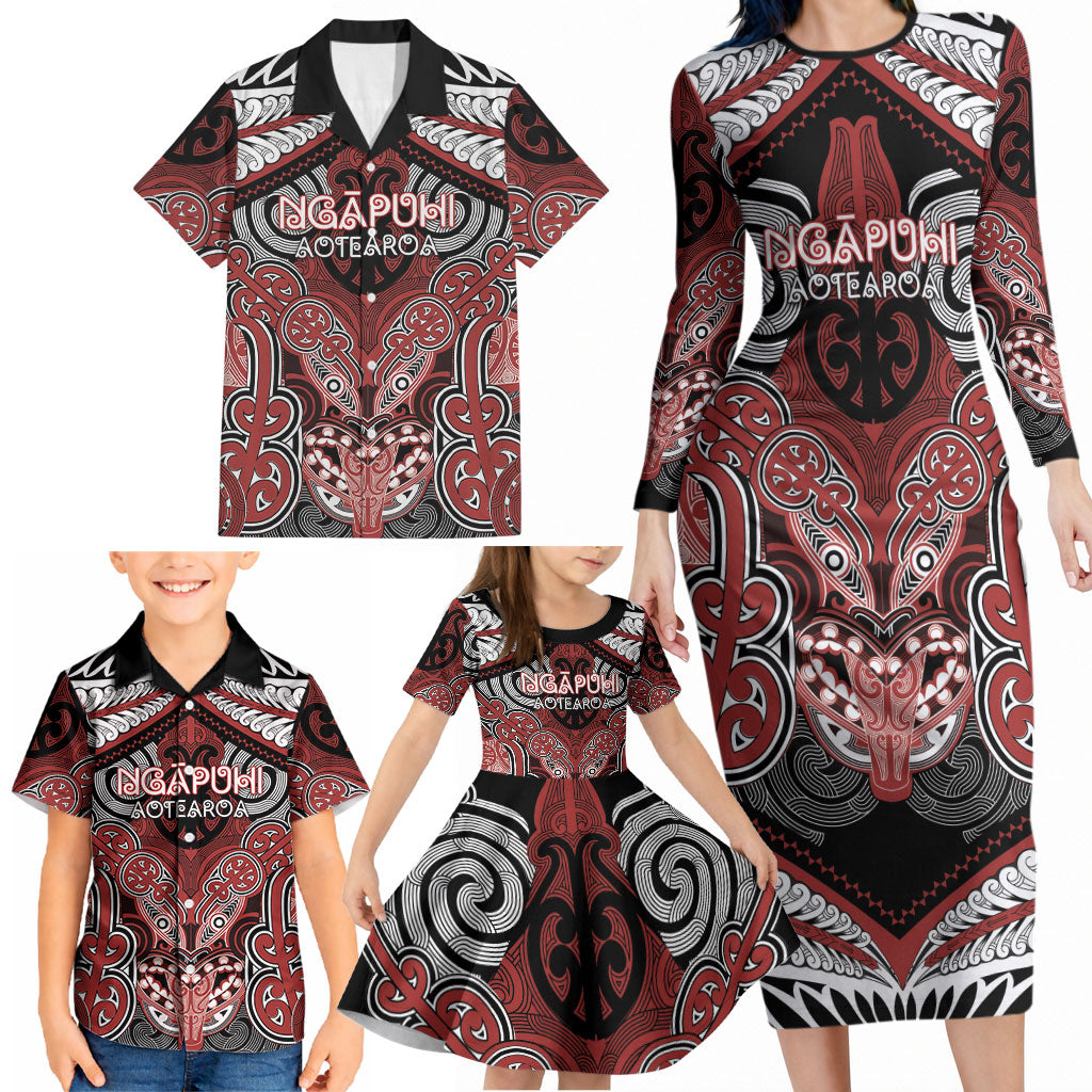 Aotearoa Iwi Ngapuhi Personalised Family Matching Long Sleeve Bodycon Dress and Hawaiian Shirt Maori Kowhaiwhai Pattern LT19 - Polynesian Pride