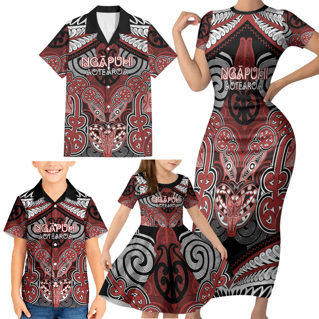 Aotearoa Iwi Ngapuhi Personalised Family Matching Short Sleeve Bodycon Dress and Hawaiian Shirt Maori Kowhaiwhai Pattern LT19 - Polynesian Pride