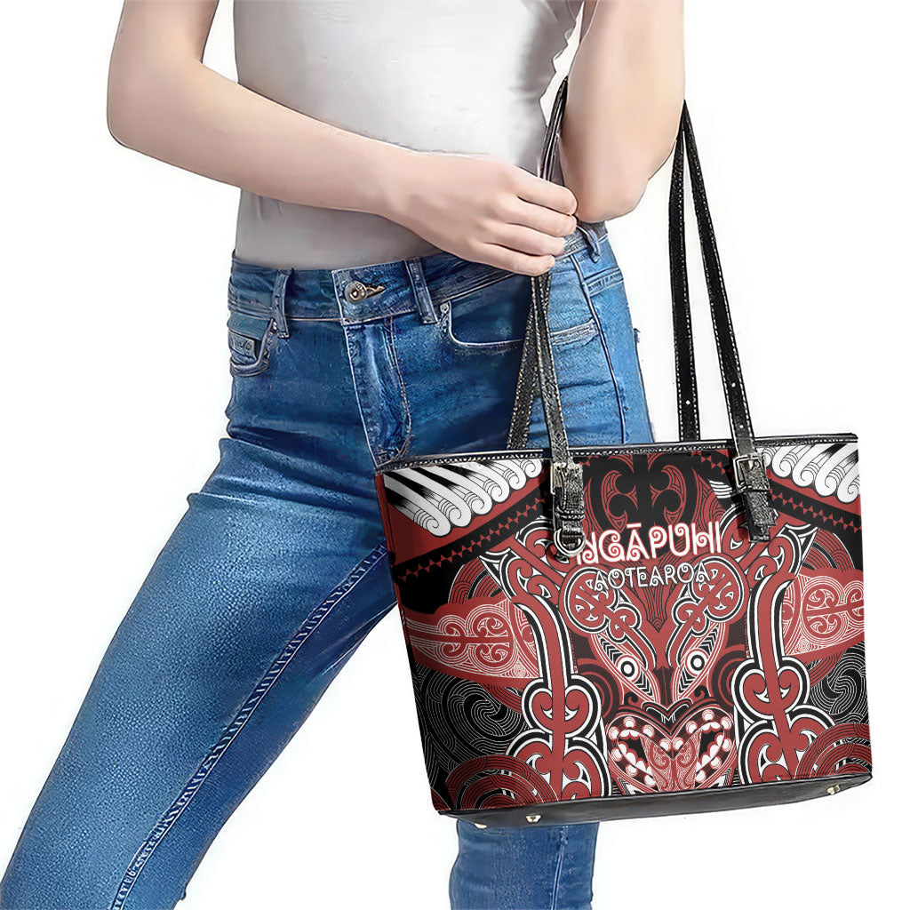 Aotearoa Iwi Ngapuhi Leather Tote Bag Maori Kowhaiwhai Pattern