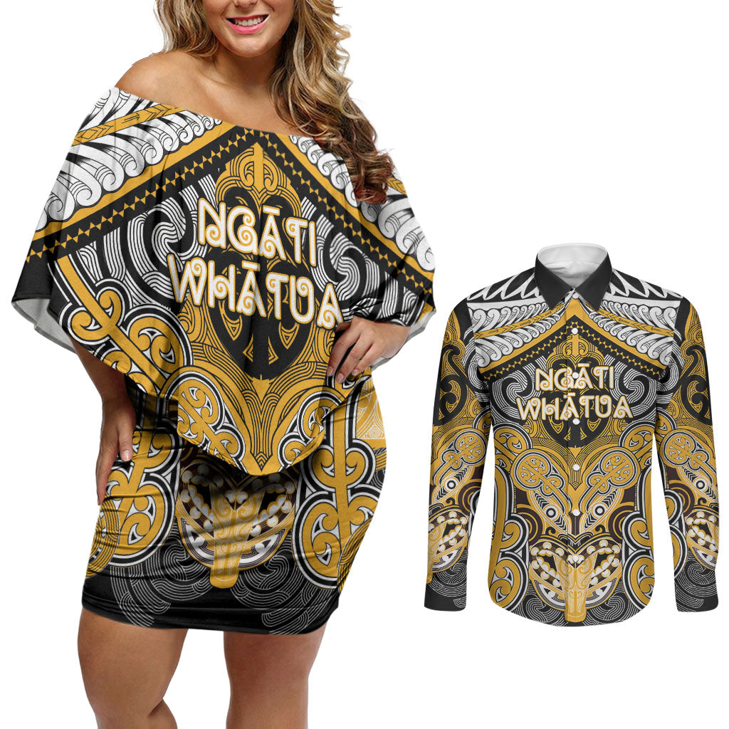 Aotearoa Iwi Ngati Whatua Personalised Couples Matching Off Shoulder Short Dress and Long Sleeve Button Shirt Maori Kowhaiwhai Pattern