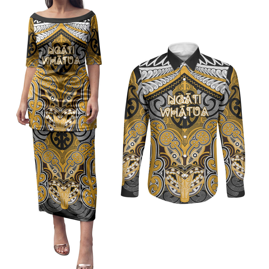 Aotearoa Iwi Ngati Whatua Personalised Couples Matching Puletasi and Long Sleeve Button Shirt Maori Kowhaiwhai Pattern
