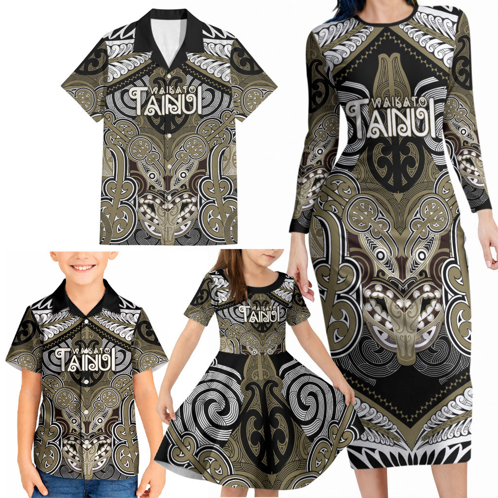 Aotearoa Iwi Waikato Tainui Personalised Family Matching Long Sleeve Bodycon Dress and Hawaiian Shirt Maori Kowhaiwhai Pattern LT19 - Polynesian Pride