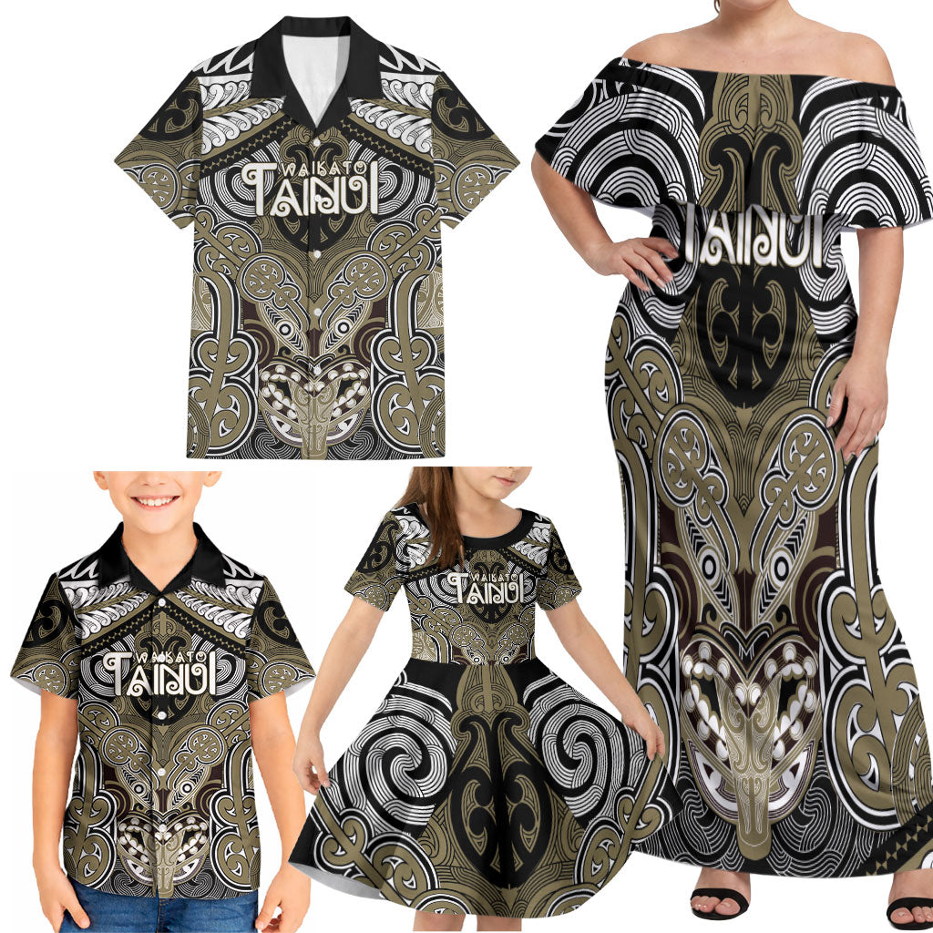 Aotearoa Iwi Waikato Tainui Personalised Family Matching Off Shoulder Maxi Dress and Hawaiian Shirt Maori Kowhaiwhai Pattern LT19 - Polynesian Pride
