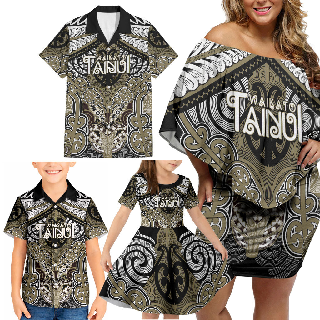 Aotearoa Iwi Waikato Tainui Personalised Family Matching Off Shoulder Short Dress and Hawaiian Shirt Maori Kowhaiwhai Pattern LT19 - Polynesian Pride