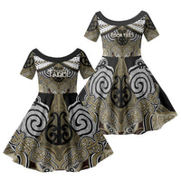 Aotearoa Iwi Waikato Tainui Personalised Family Matching Off Shoulder Short Dress and Hawaiian Shirt Maori Kowhaiwhai Pattern