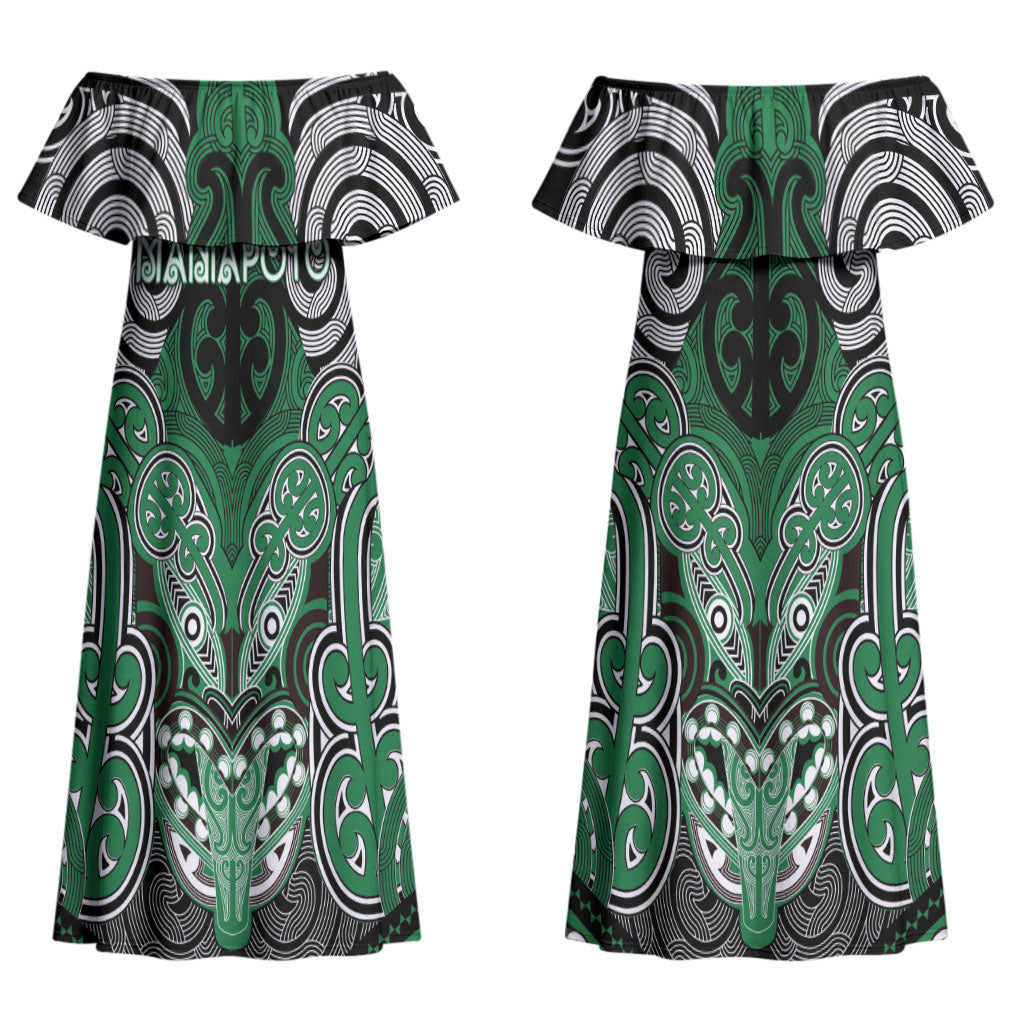 Aotearoa Iwi Ngati Maniapoto Personalised Couples Matching Off Shoulder Maxi Dress and Hawaiian Shirt Maori Kowhaiwhai Pattern
