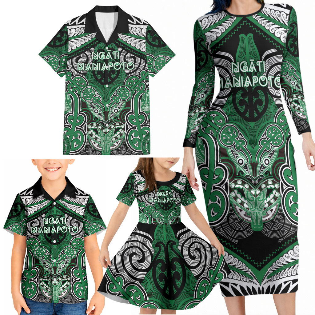Aotearoa Iwi Ngati Maniapoto Personalised Family Matching Long Sleeve Bodycon Dress and Hawaiian Shirt Maori Kowhaiwhai Pattern LT19 - Polynesian Pride