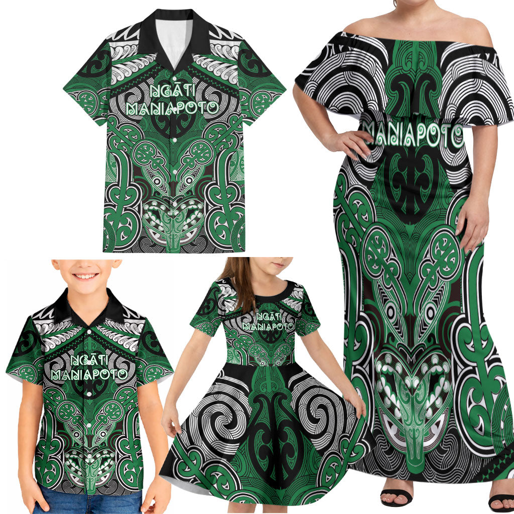 Aotearoa Iwi Ngati Maniapoto Personalised Family Matching Off Shoulder Maxi Dress and Hawaiian Shirt Maori Kowhaiwhai Pattern LT19 - Polynesian Pride