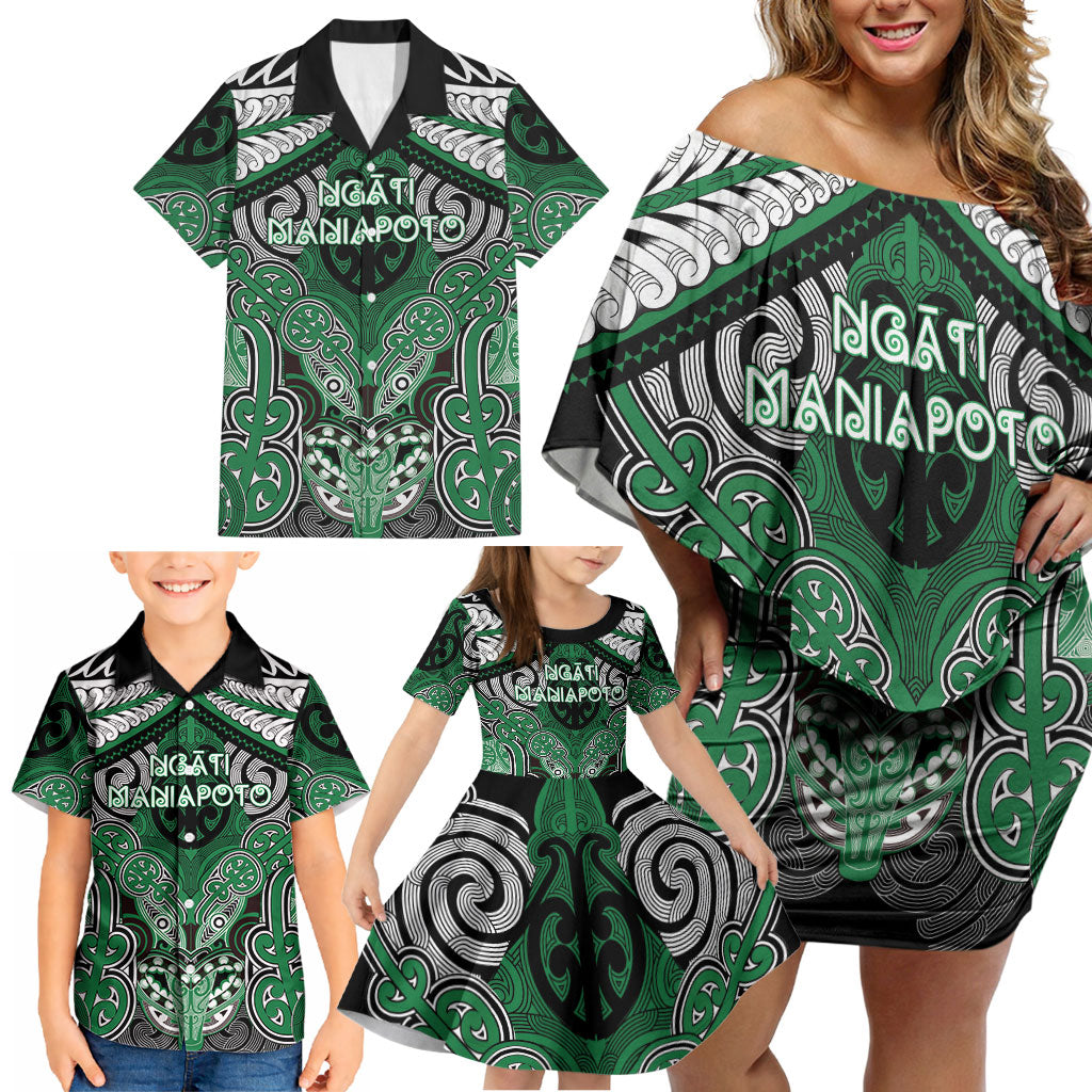 Aotearoa Iwi Ngati Maniapoto Personalised Family Matching Off Shoulder Short Dress and Hawaiian Shirt Maori Kowhaiwhai Pattern