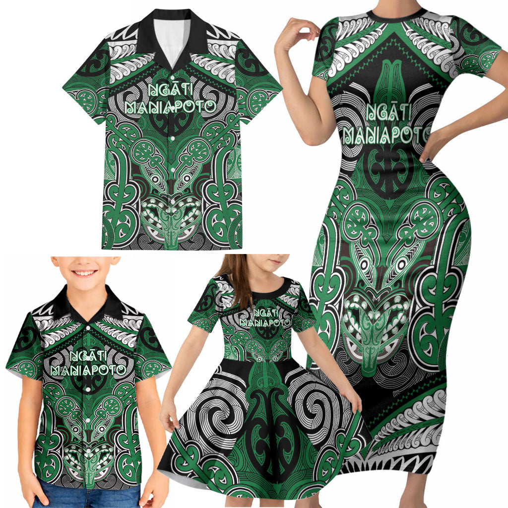 Aotearoa Iwi Ngati Maniapoto Personalised Family Matching Short Sleeve Bodycon Dress and Hawaiian Shirt Maori Kowhaiwhai Pattern LT19 - Polynesian Pride