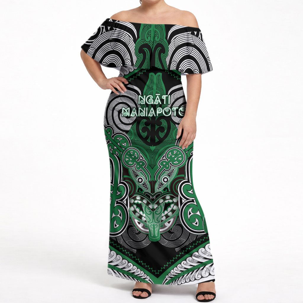 Aotearoa Iwi Ngati Maniapoto Personalised Off Shoulder Maxi Dress Maori Kowhaiwhai Pattern LT19 Women Green - Polynesian Pride