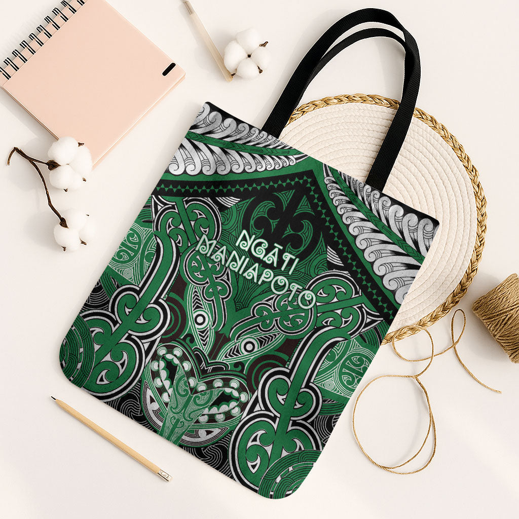 Aotearoa Iwi Ngati Maniapoto Tote Bag Maori Kowhaiwhai Pattern LT19 Black Strap One Size Green - Polynesian Pride