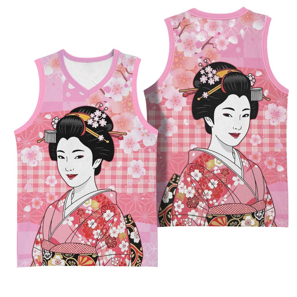 Japanese Geisha Cherry Blossom Basketball Jersey Pink Palaka Hawaii Pattern Fusion Design