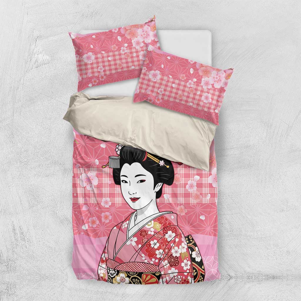 Japanese Geisha Cherry Blossom Bedding Set Pink Palaka Hawaii Pattern Fusion Design