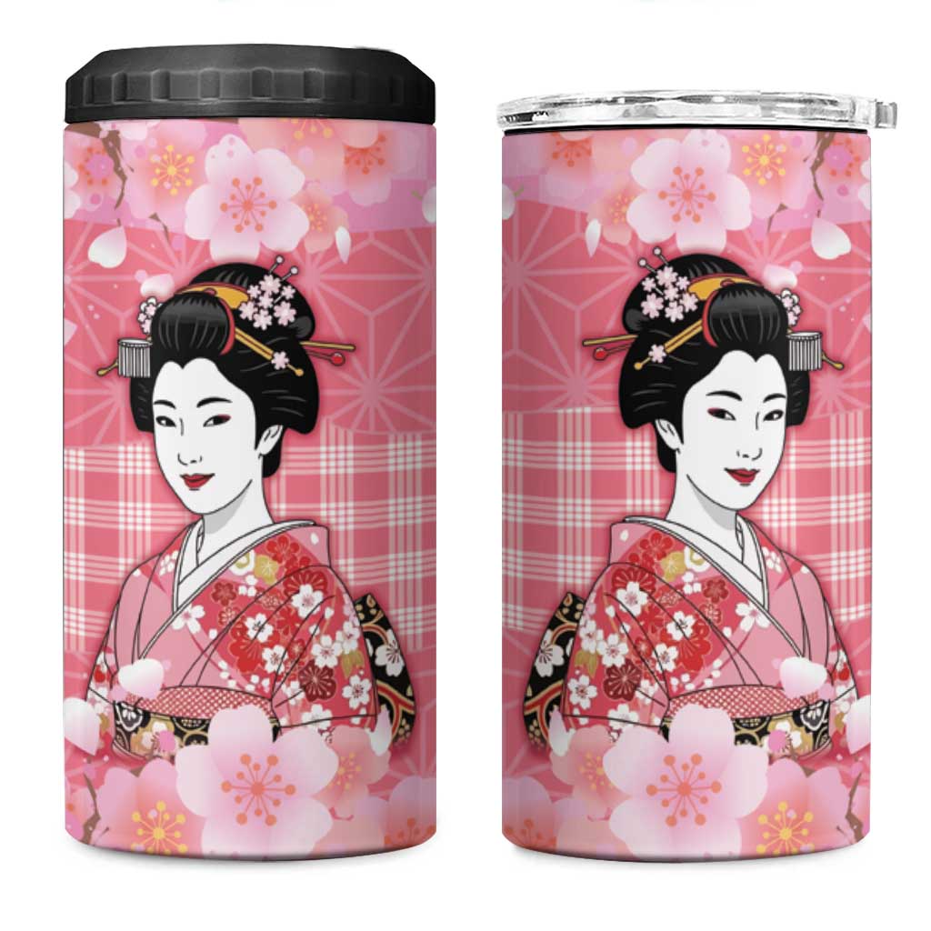 Japanese Geisha Cherry Blossom 4 in 1 Can Cooler Tumbler Pink Palaka Hawaii Pattern Fusion Design
