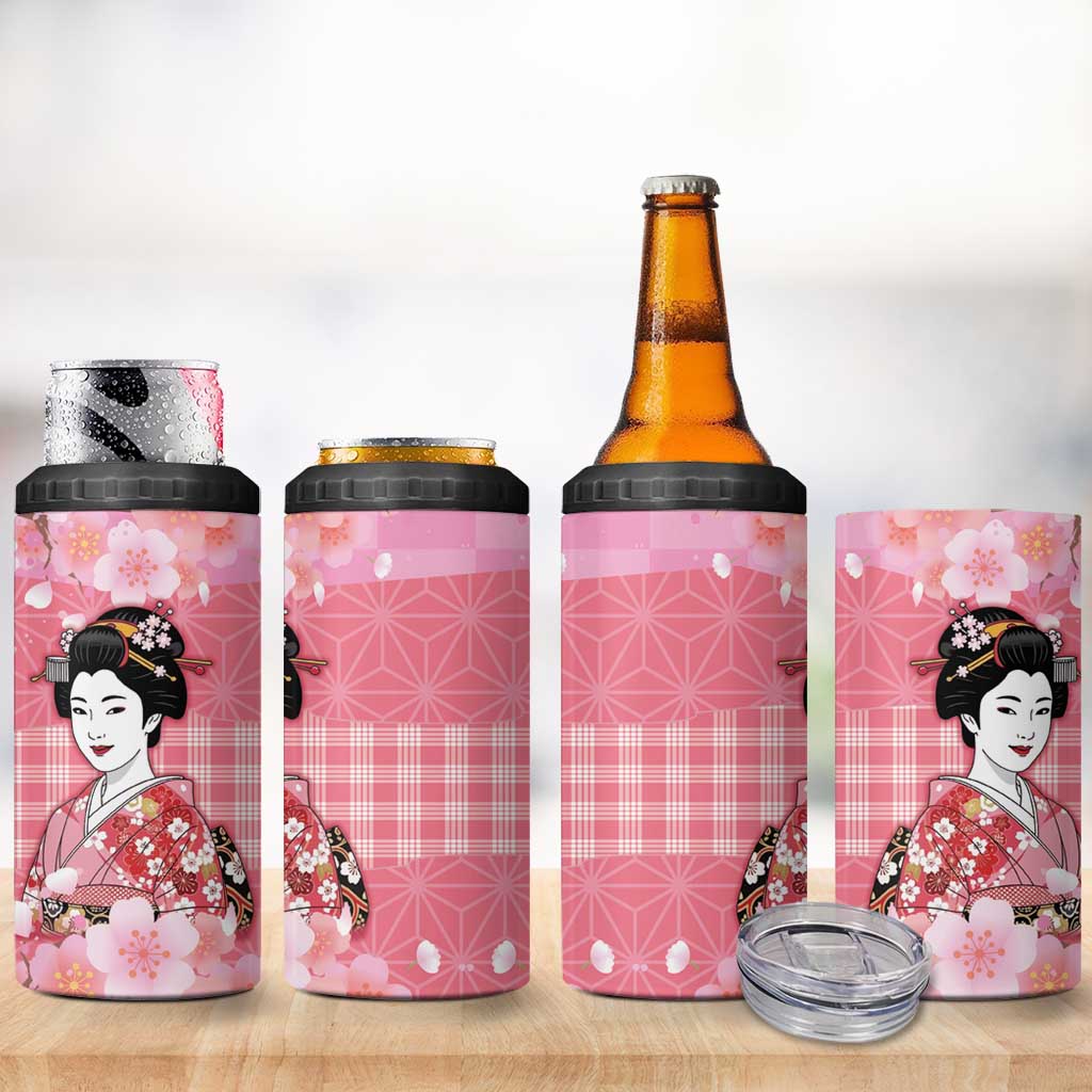 Japanese Geisha Cherry Blossom 4 in 1 Can Cooler Tumbler Pink Palaka Hawaii Pattern Fusion Design