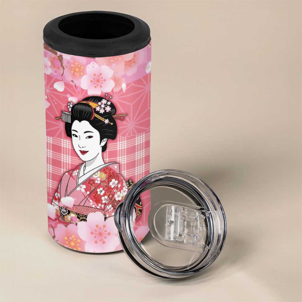 Japanese Geisha Cherry Blossom 4 in 1 Can Cooler Tumbler Pink Palaka Hawaii Pattern Fusion Design