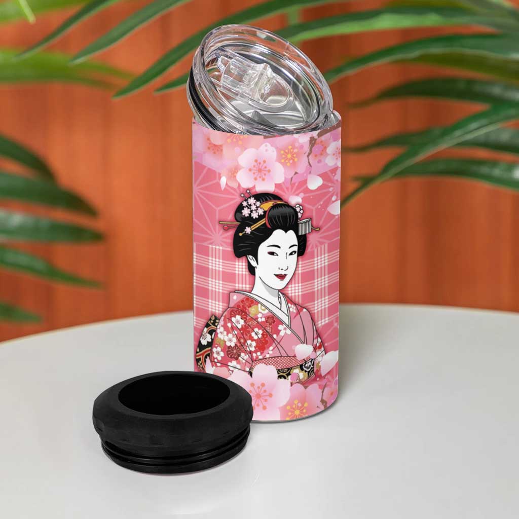 Japanese Geisha Cherry Blossom 4 in 1 Can Cooler Tumbler Pink Palaka Hawaii Pattern Fusion Design