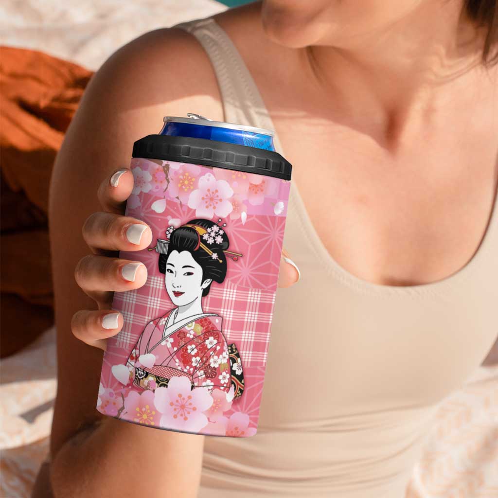 Japanese Geisha Cherry Blossom 4 in 1 Can Cooler Tumbler Pink Palaka Hawaii Pattern Fusion Design