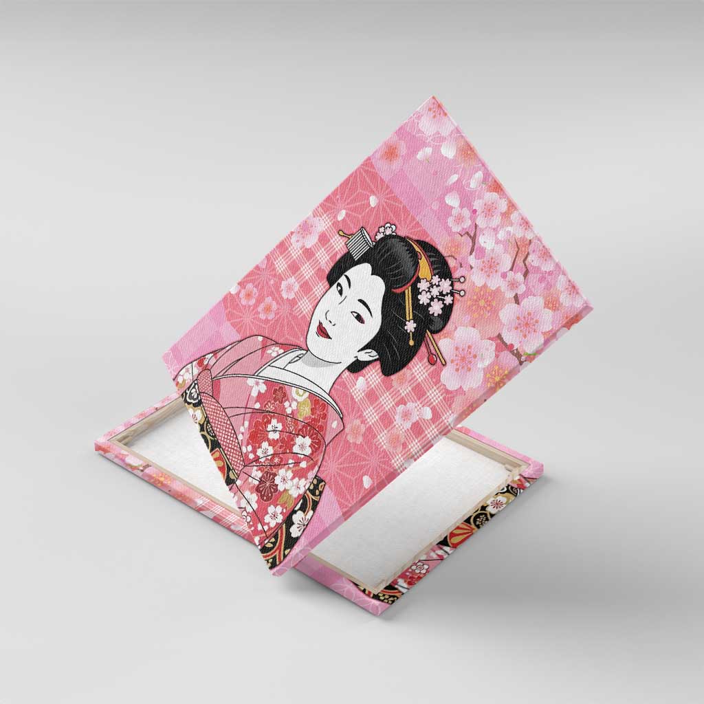 Japanese Geisha Cherry Blossom Canvas Wall Art Pink Palaka Hawaii Pattern Fusion Design LT19 With Frame Pink - Polynesian Pride