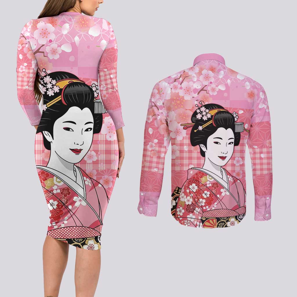 Japanese Geisha Cherry Blossom Couples Matching Long Sleeve Bodycon Dress and Long Sleeve Button Shirt Pink Palaka Hawaii Pattern Fusion Design