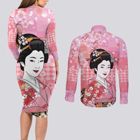 Japanese Geisha Cherry Blossom Couples Matching Long Sleeve Bodycon Dress and Long Sleeve Button Shirt Pink Palaka Hawaii Pattern Fusion Design