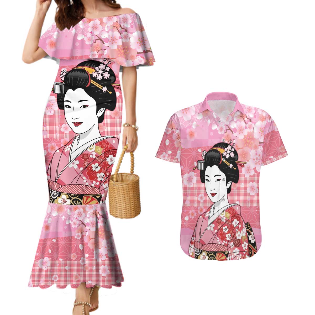 Japanese Geisha Cherry Blossom Couples Matching Mermaid Dress and Hawaiian Shirt Pink Palaka Hawaii Pattern Fusion Design LT19 Pink - Polynesian Pride