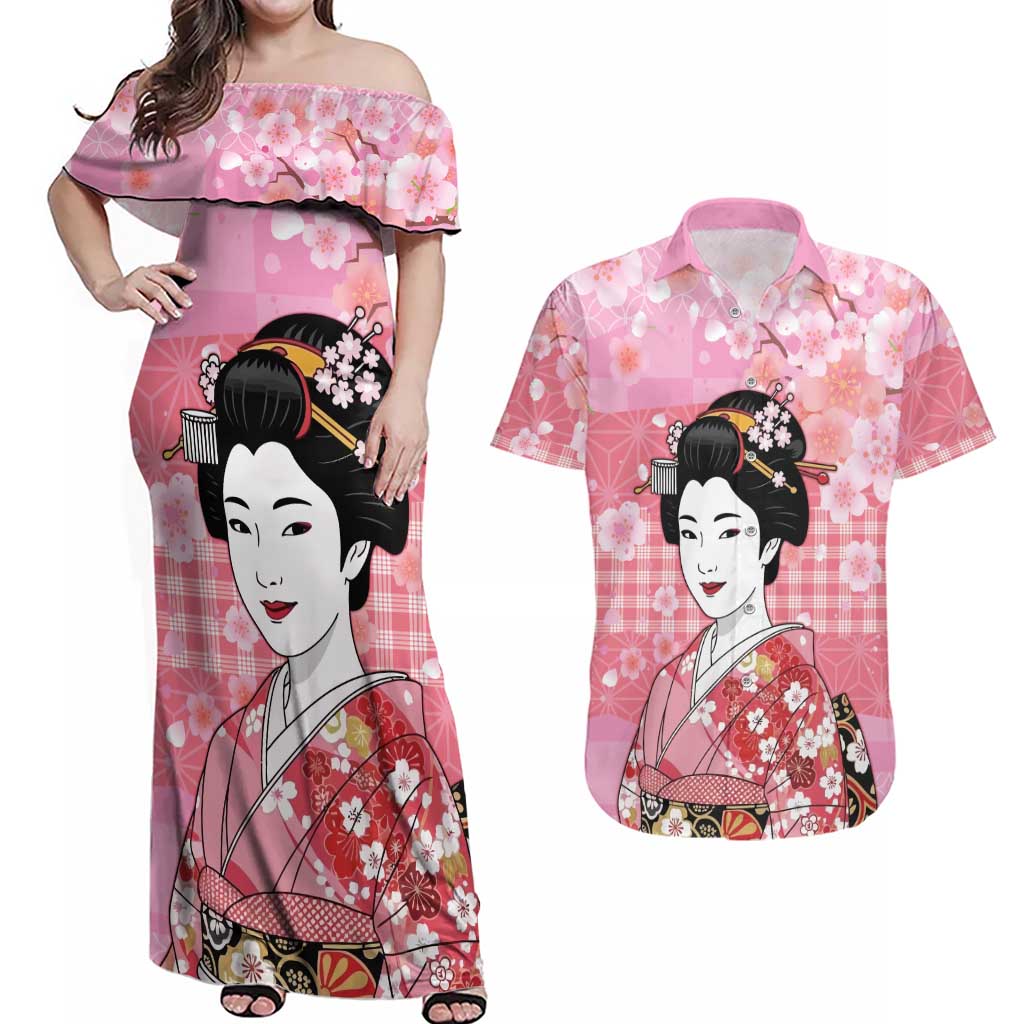 Japanese Geisha Cherry Blossom Couples Matching Off Shoulder Maxi Dress and Hawaiian Shirt Pink Palaka Hawaii Pattern Fusion Design LT19 Pink - Polynesian Pride