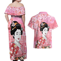 Japanese Geisha Cherry Blossom Couples Matching Off Shoulder Maxi Dress and Hawaiian Shirt Pink Palaka Hawaii Pattern Fusion Design