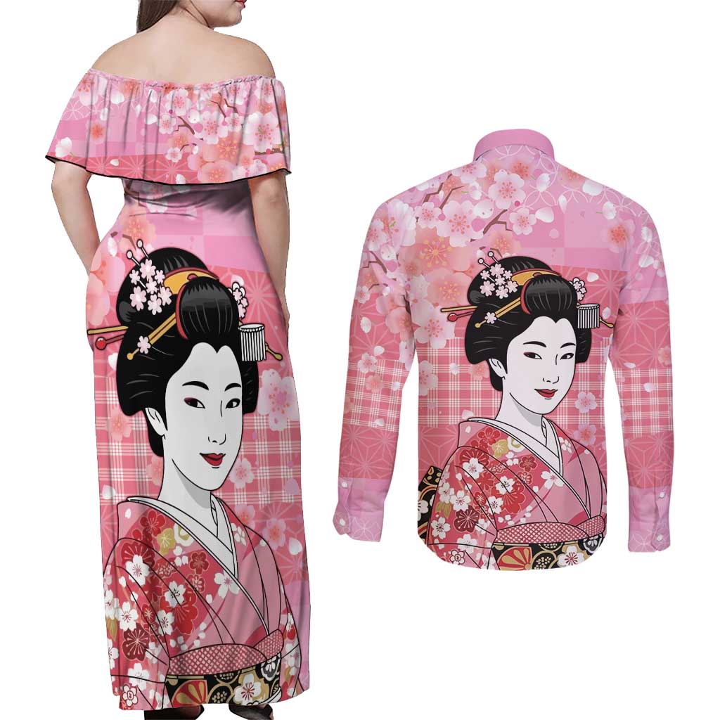 Japanese Geisha Cherry Blossom Couples Matching Off Shoulder Maxi Dress and Long Sleeve Button Shirt Pink Palaka Hawaii Pattern Fusion Design