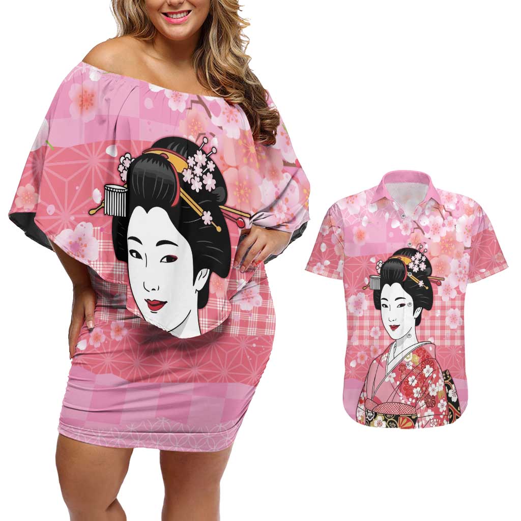 Japanese Geisha Cherry Blossom Couples Matching Off Shoulder Short Dress and Hawaiian Shirt Pink Palaka Hawaii Pattern Fusion Design LT19 Pink - Polynesian Pride
