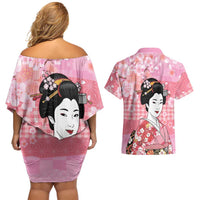 Japanese Geisha Cherry Blossom Couples Matching Off Shoulder Short Dress and Hawaiian Shirt Pink Palaka Hawaii Pattern Fusion Design