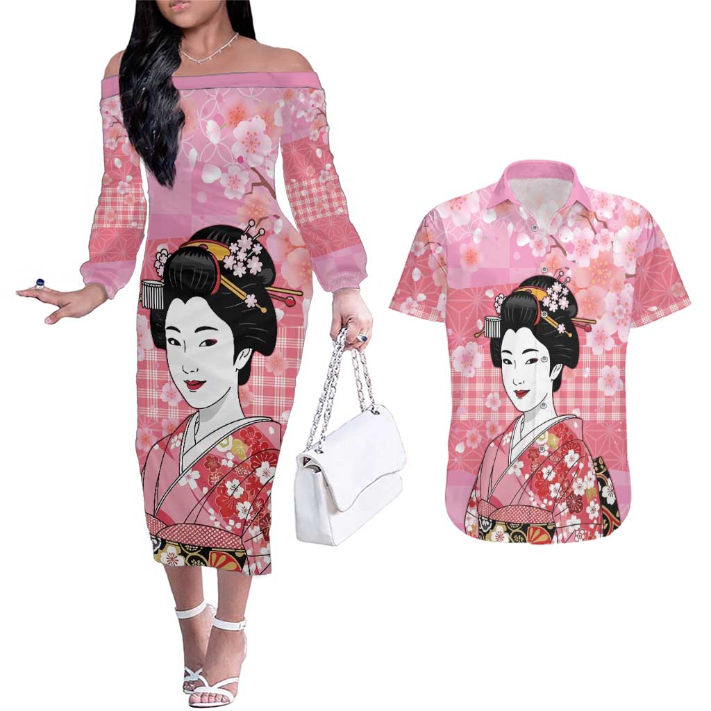Japanese Geisha Cherry Blossom Couples Matching Off The Shoulder Long Sleeve Dress and Hawaiian Shirt Pink Palaka Hawaii Pattern Fusion Design LT19 Pink - Polynesian Pride