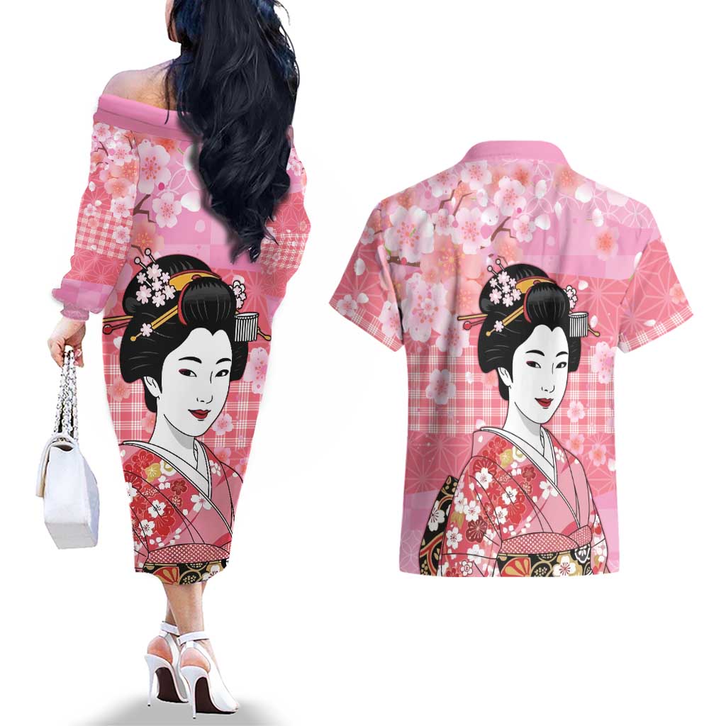 Japanese Geisha Cherry Blossom Couples Matching Off The Shoulder Long Sleeve Dress and Hawaiian Shirt Pink Palaka Hawaii Pattern Fusion Design
